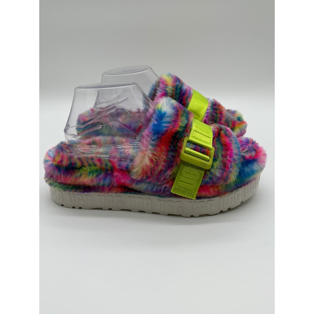 UGG Fluffita Multicolor Marble Faux Fur Platform Buckle Slides Womens 8